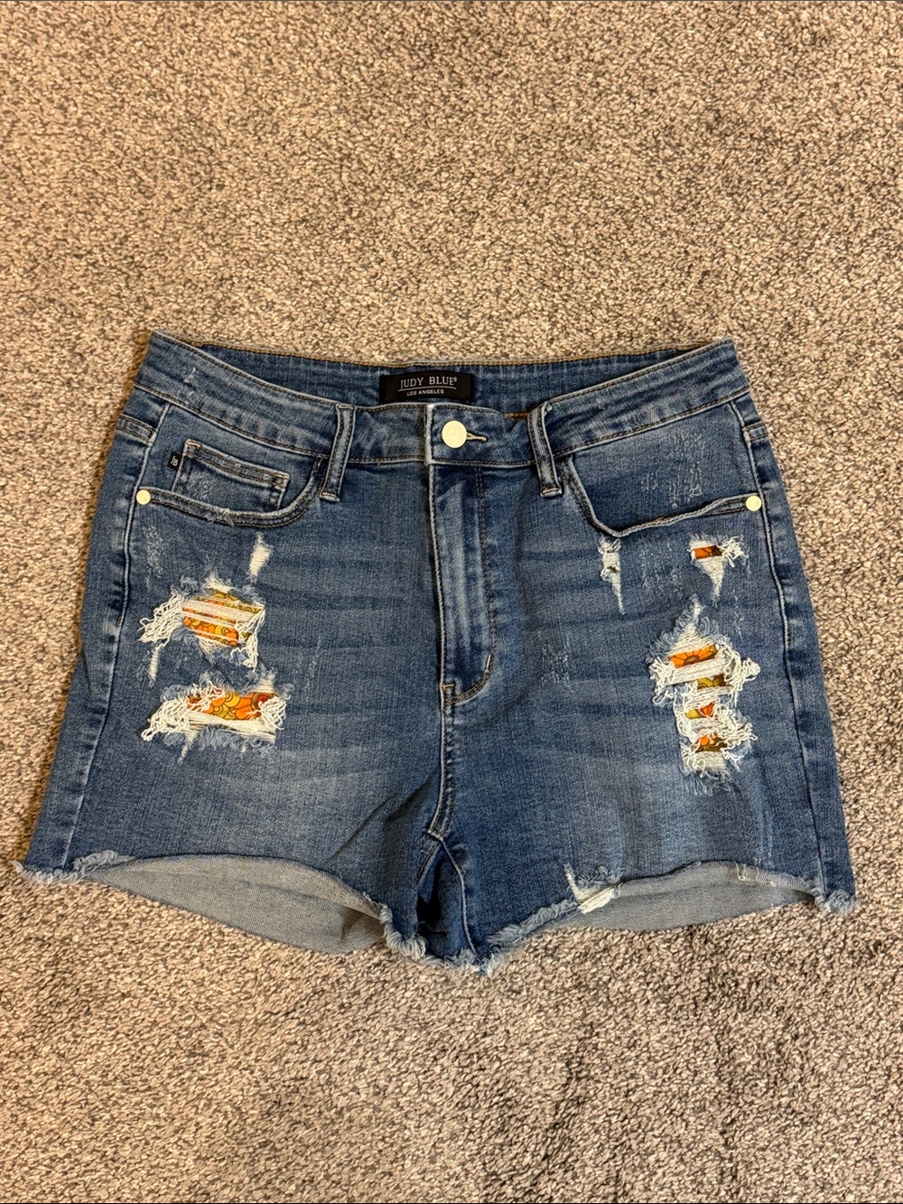 Judy Blue Blue Distressed Denim Shorts with Orange Patch Details